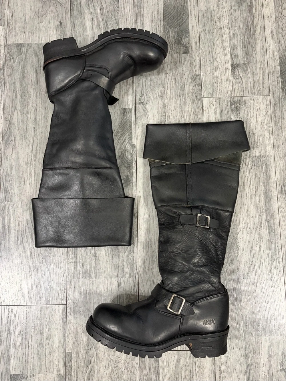 ANSA Black Leather Mid-Calf Fold Over Engineer  Boots Sz 10